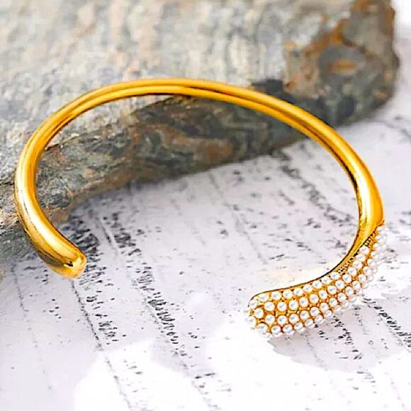 Luxury Pearl Irregular Bangle Cuff Edgy Geometric Gold Plated Women’s - Picture 2 of 9